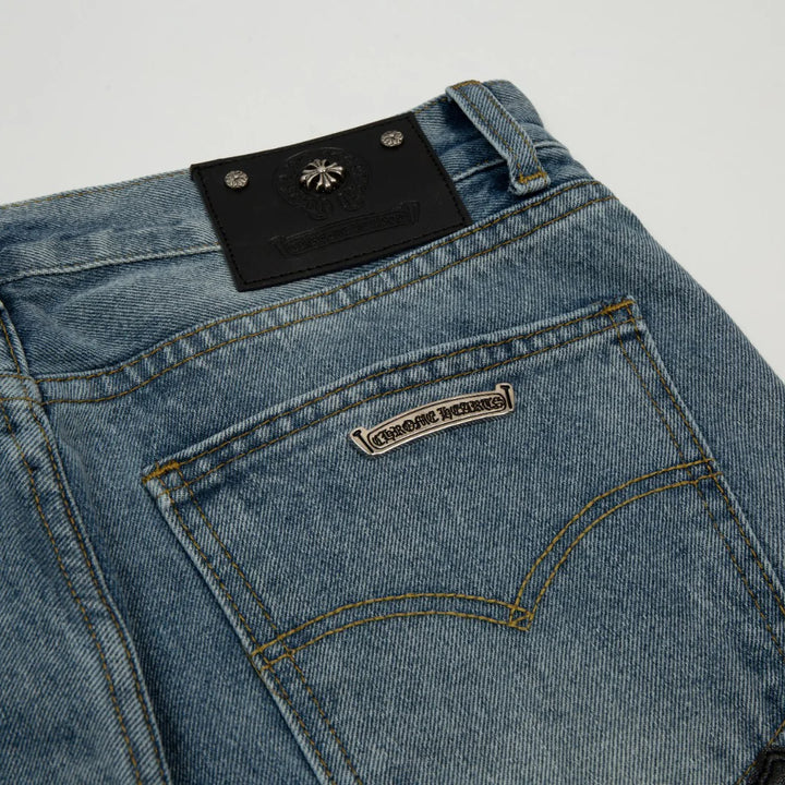 CHROME HEARTS CROSS PATCH BLACK EDGE JORTS WASHED DENIM
