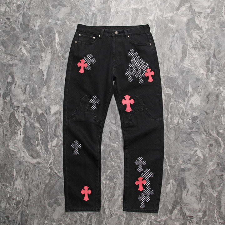CHROME HEARTS PINK & CHECKERED CROSS PATCH FLEURKNEE JEANS BLACK