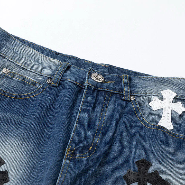 CHROME HEARTS WHITE BLACK CROSS PATCH JEANS DENIM