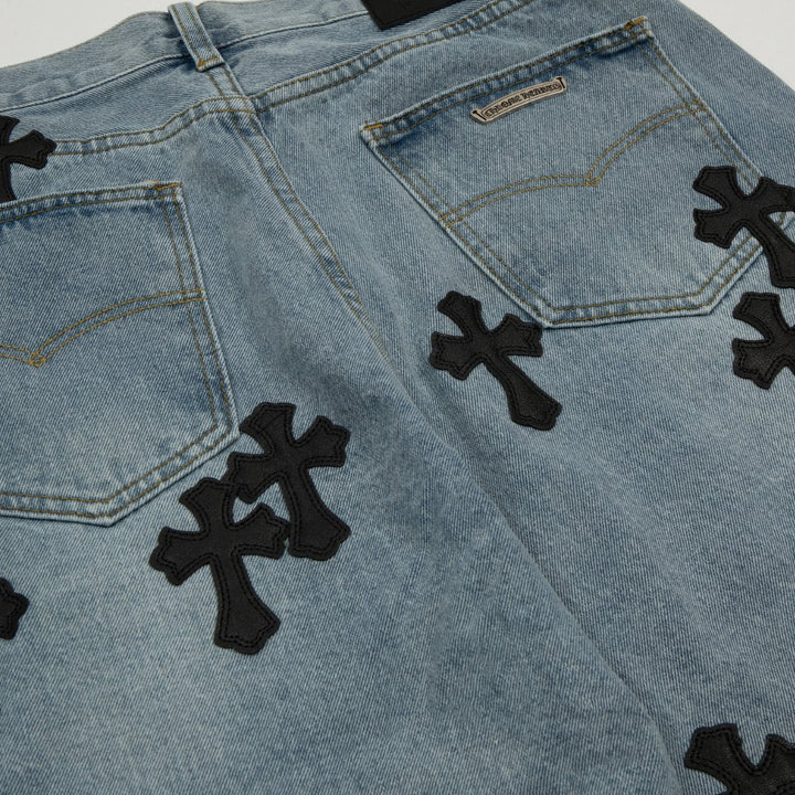 CHROME HEARTS BLACK CROSS PATCH JORTS WASHED DENIM