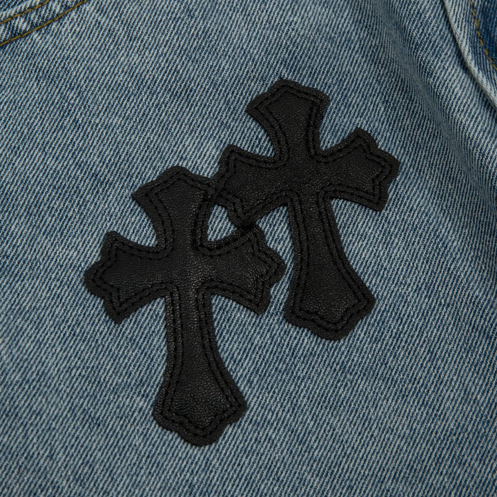 CHROME HEARTS BLACK CROSS PATCH JORTS WASHED DENIM