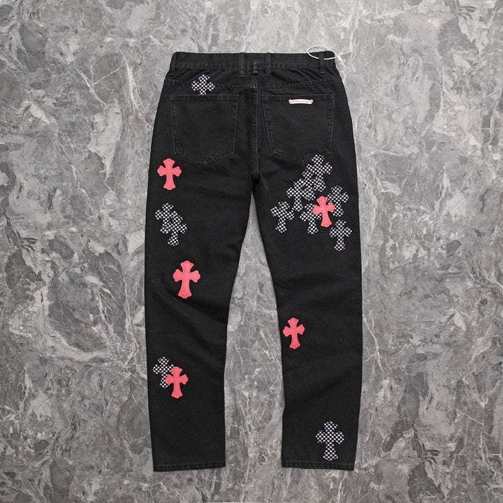 CHROME HEARTS PINK & CHECKERED CROSS PATCH FLEURKNEE JEANS BLACK