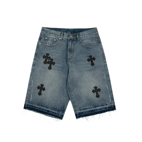 CHROME HEARTS CROSS PATCH BLACK EDGE JORTS WASHED DENIM