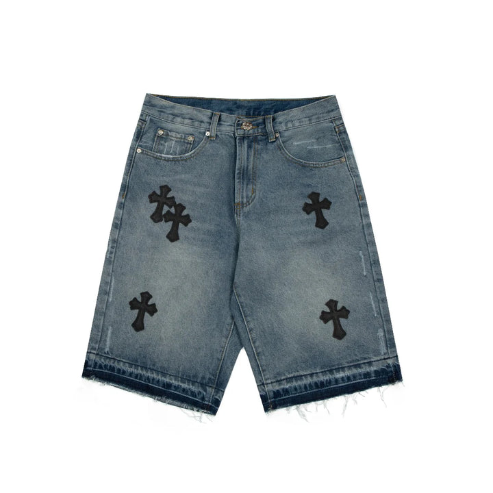 CHROME HEARTS CROSS PATCH BLACK EDGE JORTS WASHED DENIM