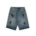 CHROME HEARTS CROSS PATCH BLACK EDGE JORTS WASHED DENIM