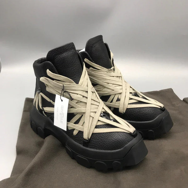 Rick Owens Black High-Top Sneakers with Beige Straps