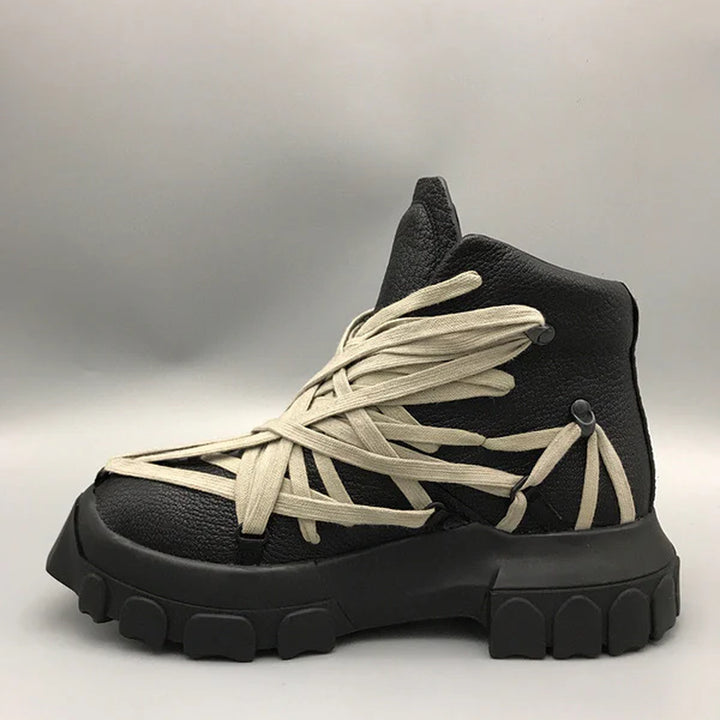 Rick Owens Black High-Top Sneakers with Beige Straps