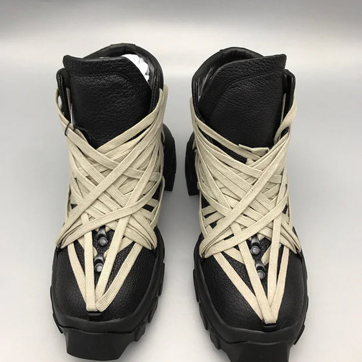 Rick Owens Black High-Top Sneakers with Beige Straps