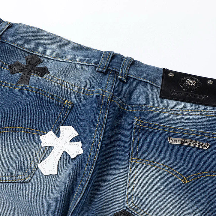 CHROME HEARTS WHITE BLACK CROSS PATCH JEANS DENIM