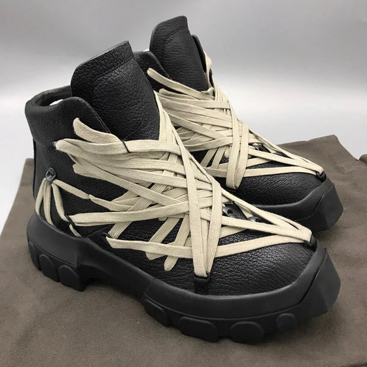 Rick Owens Black High-Top Sneakers with Beige Straps