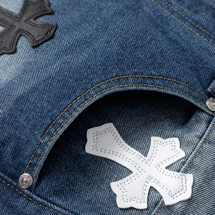 CHROME HEARTS WHITE BLACK CROSS PATCH JEANS DENIM