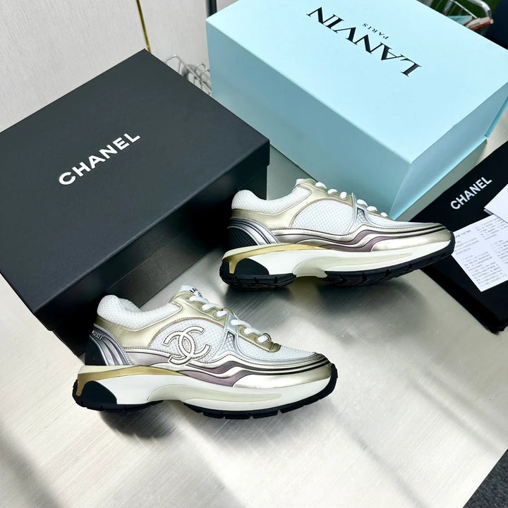 CHANEL CC RUNNERS SNEAKERS WHITE and GOLD