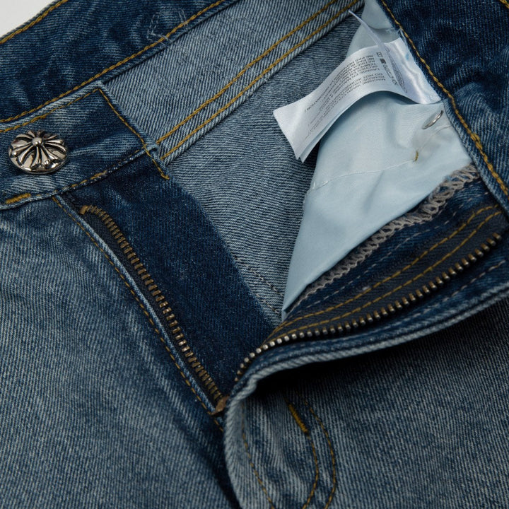 CHROME HEARTS CROSS PATCH BLACK EDGE JORTS WASHED DENIM