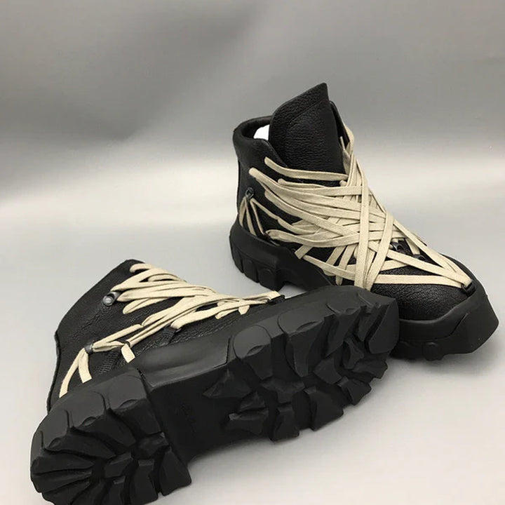 Rick Owens Black High-Top Sneakers with Beige Straps