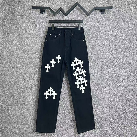 CHROME HEARTS WHITE YELLOW CROSS PATCH JEANS BLACK