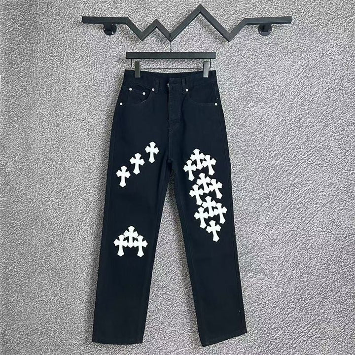 CHROME HEARTS WHITE YELLOW CROSS PATCH JEANS BLACK