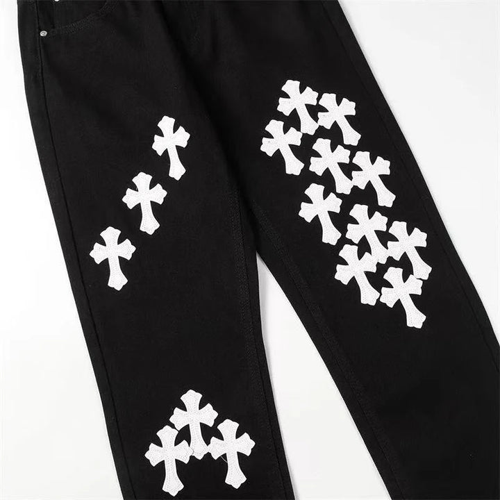 CHROME HEARTS WHITE YELLOW CROSS PATCH JEANS BLACK