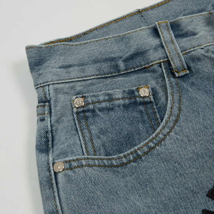 CHROME HEARTS BLACK CROSS PATCH JORTS WASHED DENIM