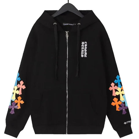 CHROME HEARTS MULTICOLOR CROSS PATCH ZIPPER HOODIE BLACK