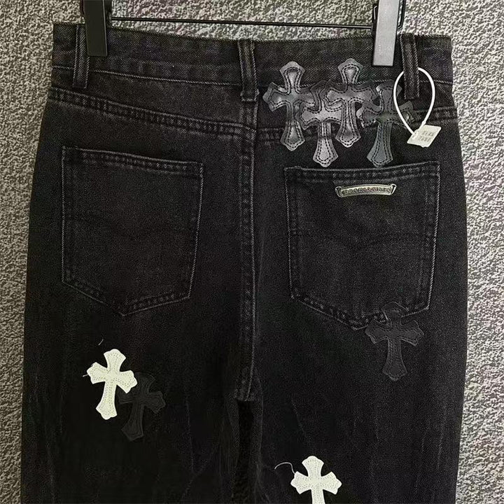 CHROME HEARTS WHITE CROSS PATCH JEANS BLACK
