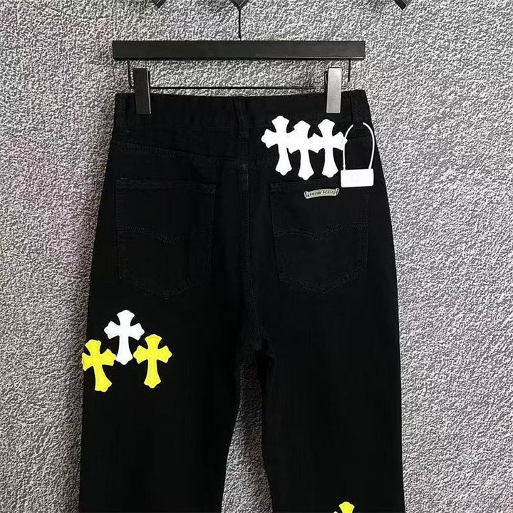 CHROME HEARTS WHITE YELLOW CROSS PATCH JEANS BLACK