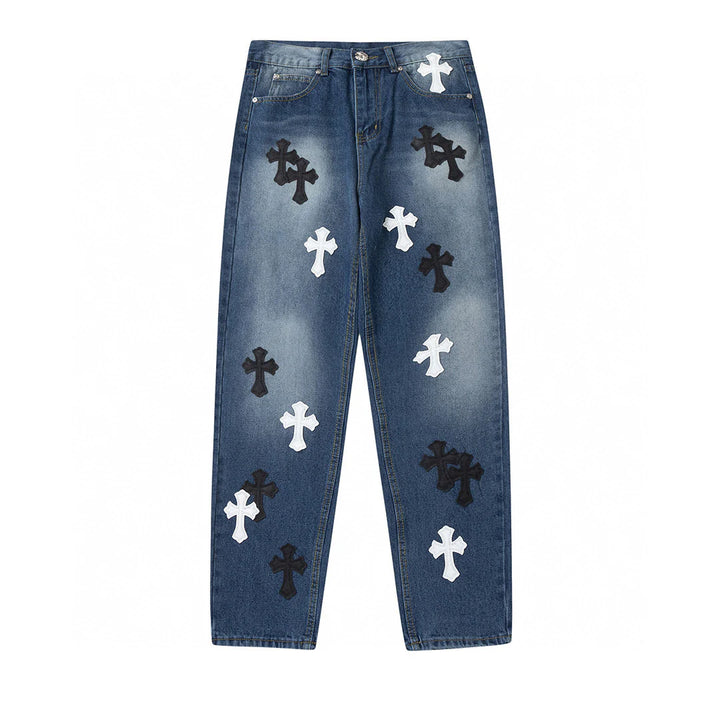 CHROME HEARTS WHITE BLACK CROSS PATCH JEANS DENIM