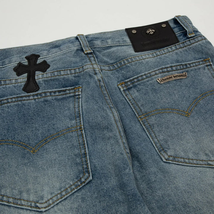 CHROME HEARTS CROSS PATCH BLACK EDGE JORTS WASHED DENIM