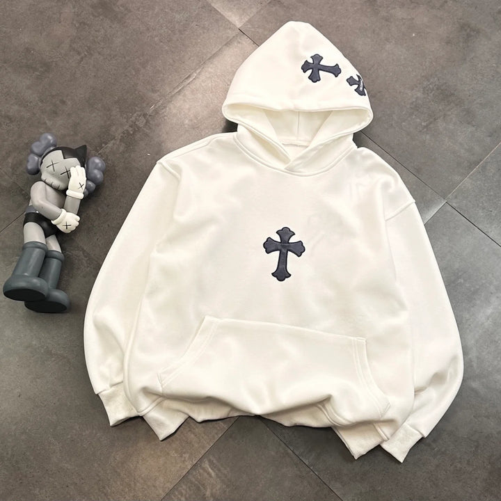 CHROME HEARTS BLACK CROSS PATCH HOODIE WHITE