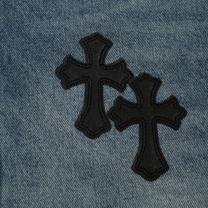 CHROME HEARTS CROSS PATCH BLACK EDGE JORTS WASHED DENIM