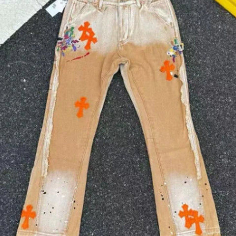 CHROME HEARTS ORANGE BROWN CROSS PATCH JEANS BEIGE