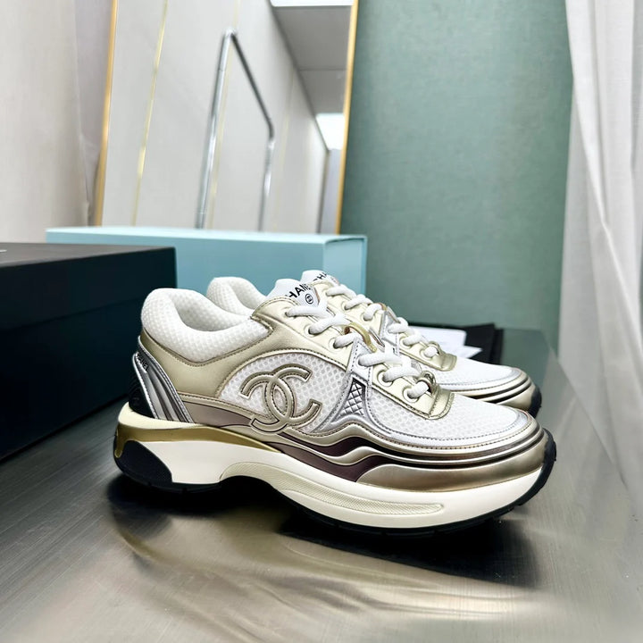 CHANEL CC RUNNERS SNEAKERS WHITE and GOLD