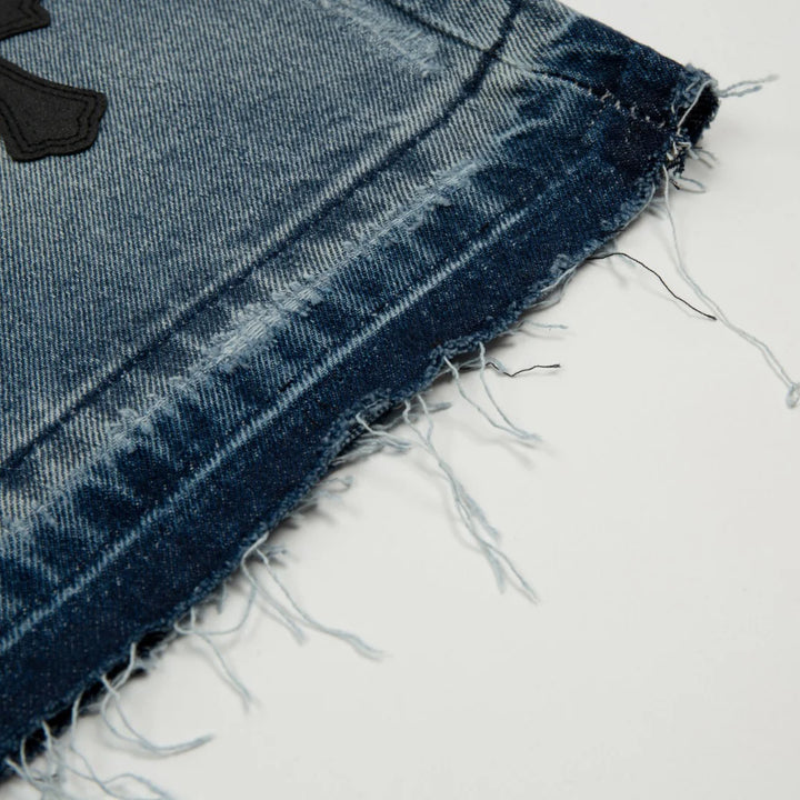 CHROME HEARTS CROSS PATCH BLACK EDGE JORTS WASHED DENIM
