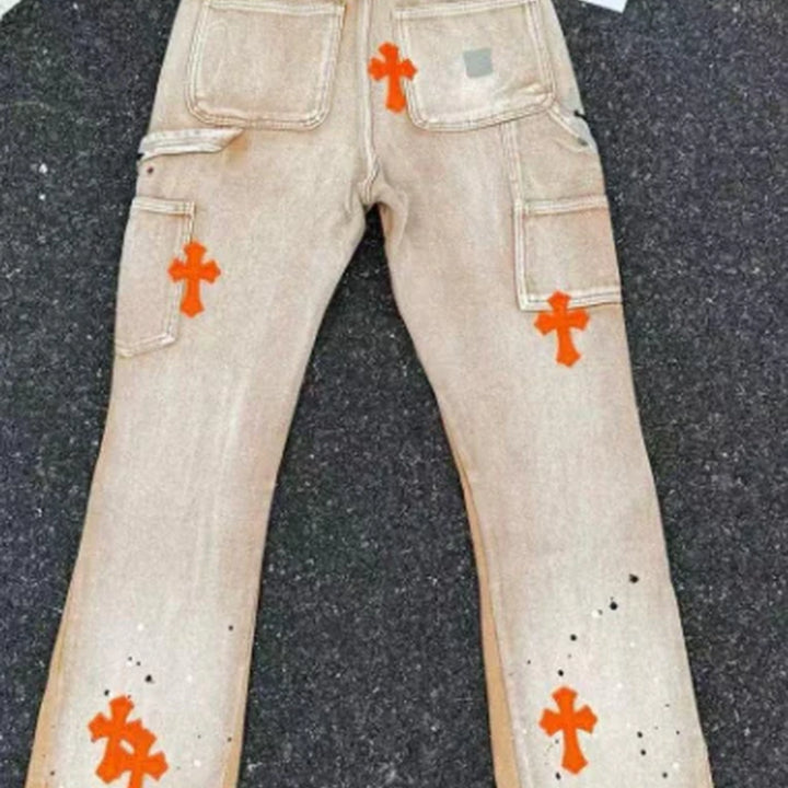 CHROME HEARTS ORANGE BROWN CROSS PATCH JEANS BEIGE