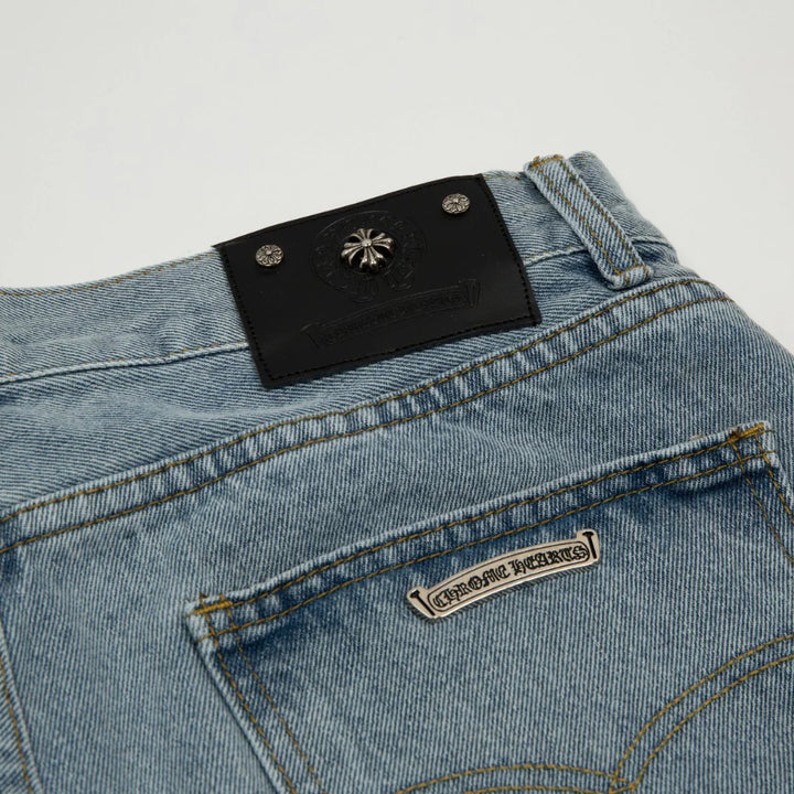 CHROME HEARTS BLACK CROSS PATCH JORTS WASHED DENIM