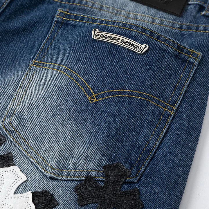 CHROME HEARTS WHITE BLACK CROSS PATCH JEANS DENIM