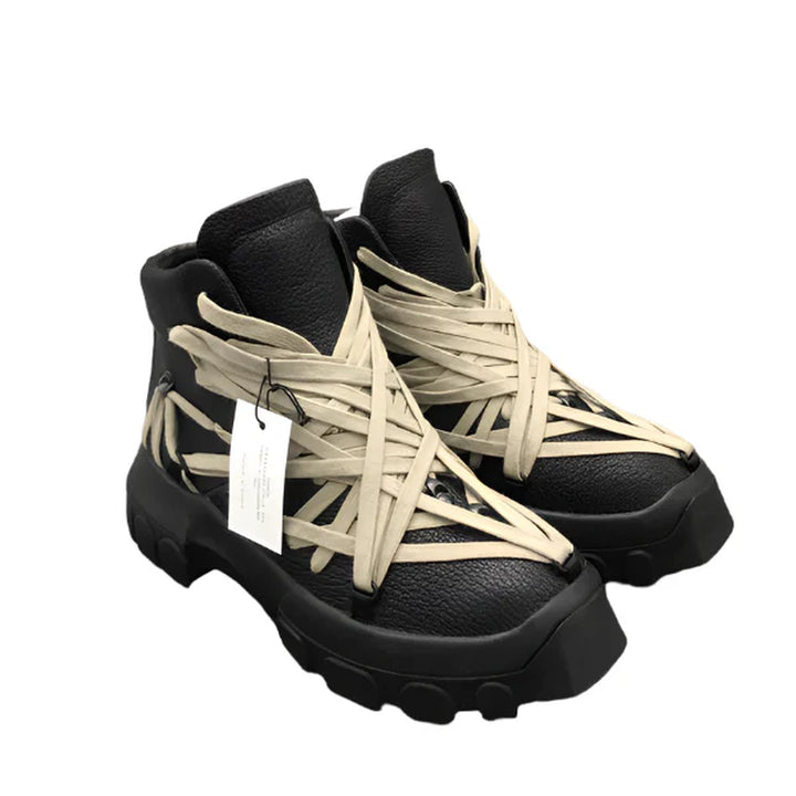 Rick Owens Black High-Top Sneakers with Beige Straps