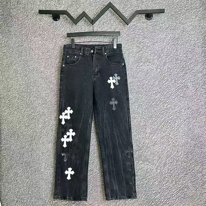 CHROME HEARTS WHITE CROSS PATCH JEANS BLACK