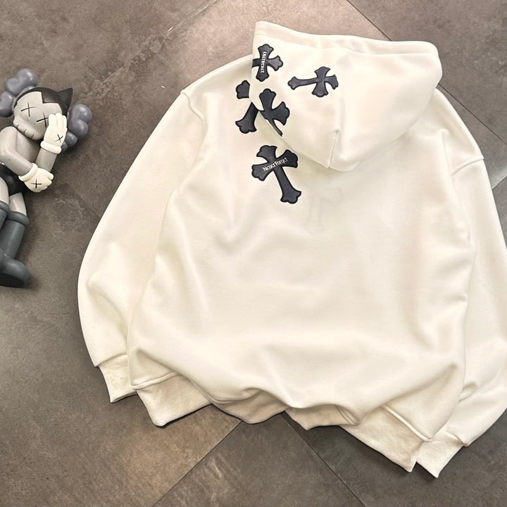 CHROME HEARTS BLACK CROSS PATCH HOODIE WHITE