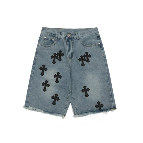 CHROME HEARTS BLACK CROSS PATCH JORTS WASHED DENIM