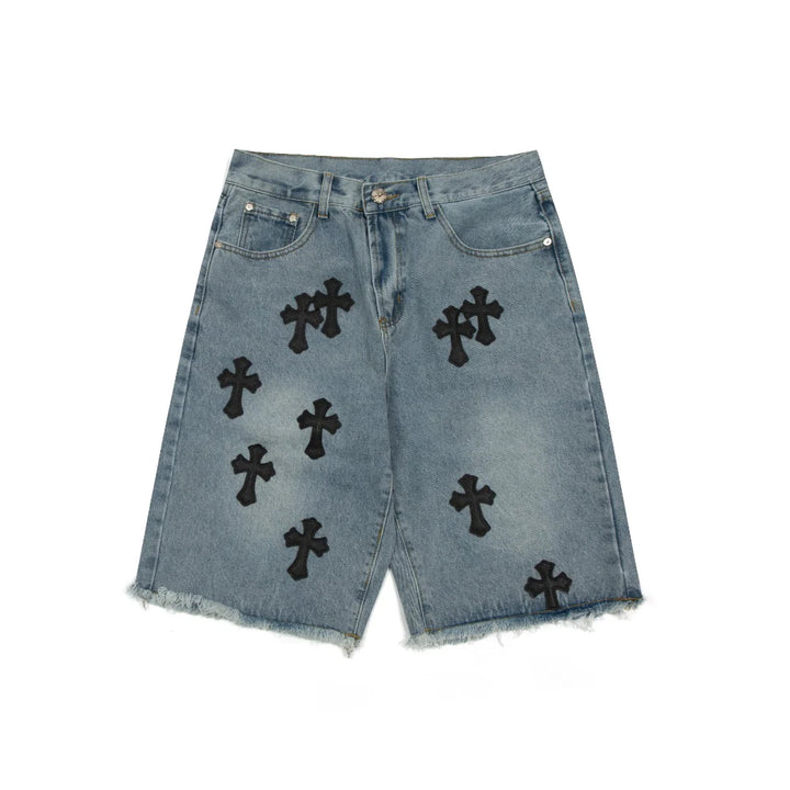 CHROME HEARTS BLACK CROSS PATCH JORTS WASHED DENIM